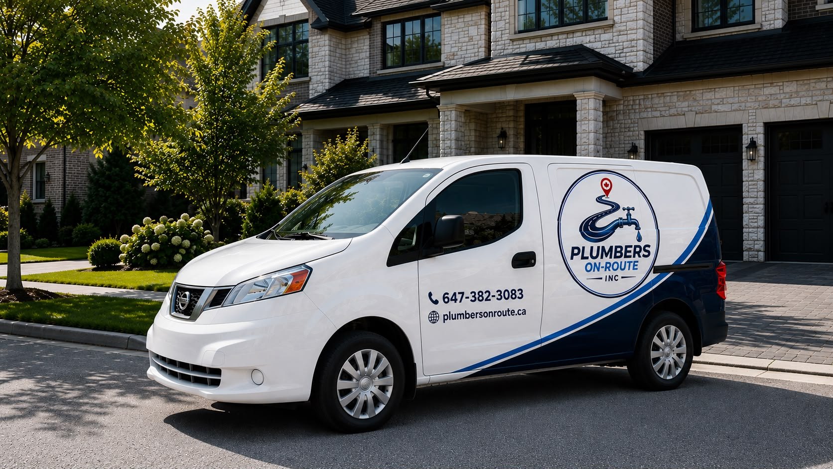 Plumbers On-Route branded service van parked outside a home in the GTA